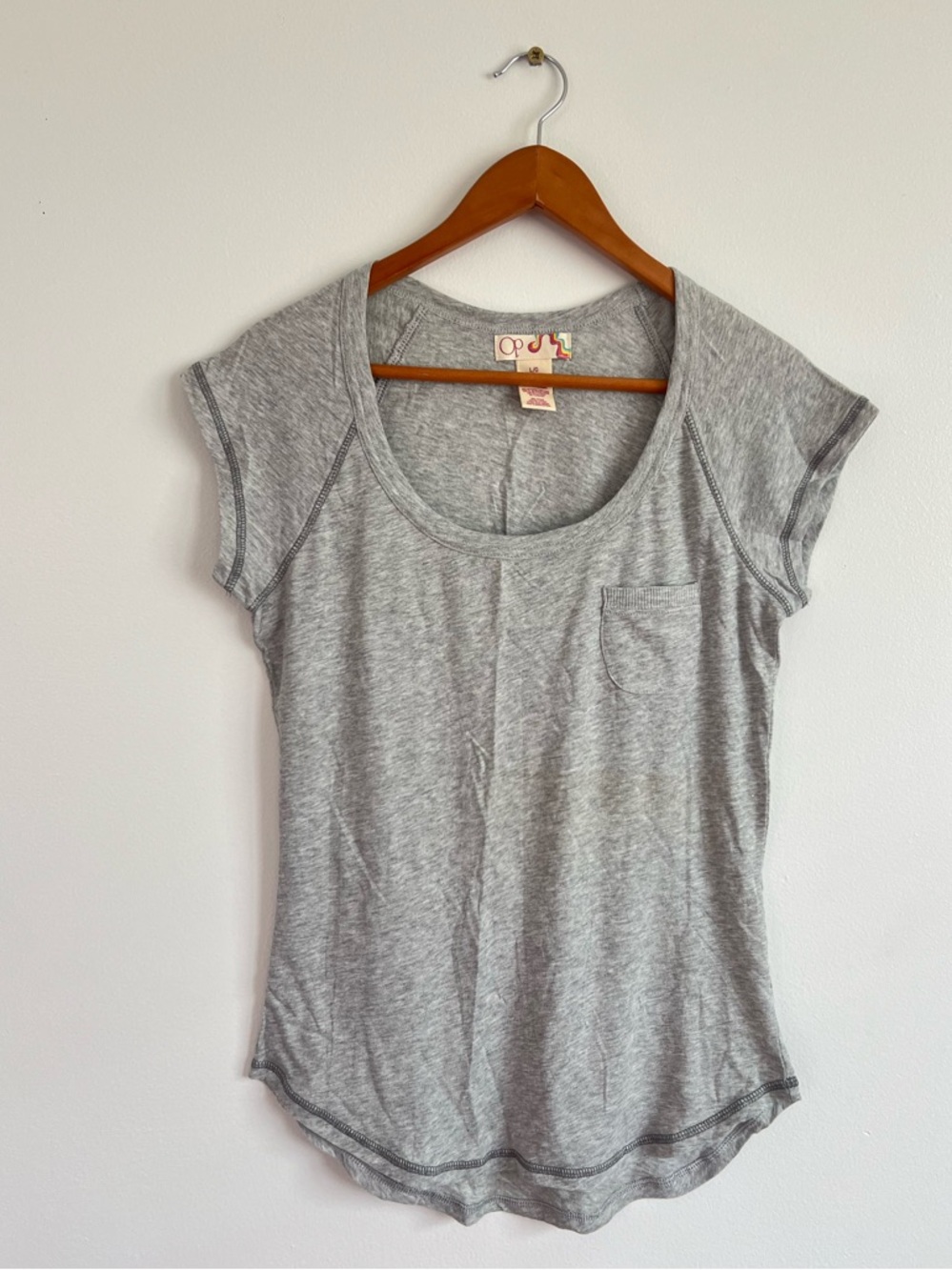 Op Women’s Gray Scoop Neck Pocket Tee